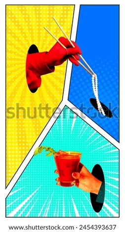Hands sticking out holes, holding necklace with chopsticks and cocktail on multicolored background. Comics. Contemporary art collage. Concept of creativity, abstract art. Complementary colors, pop art
