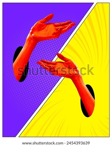 Opposite meaning, dual personality. Hands sticking out holes on yellow purple background. Contemporary art collage. Concept of creativity, abstract art. Complementary colors, pop art
