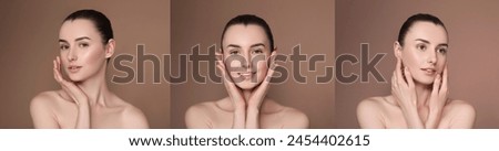 Beautiful woman with perfect skin on light brown background, collage of photos. Banner design