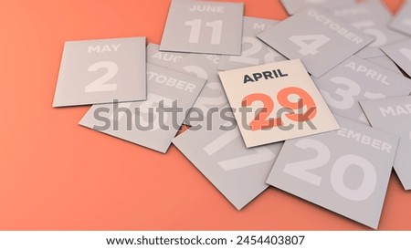April 29. Calendar sheets on a pink background. The best day of the year. 3d rendering. Bokeh. Illustration.