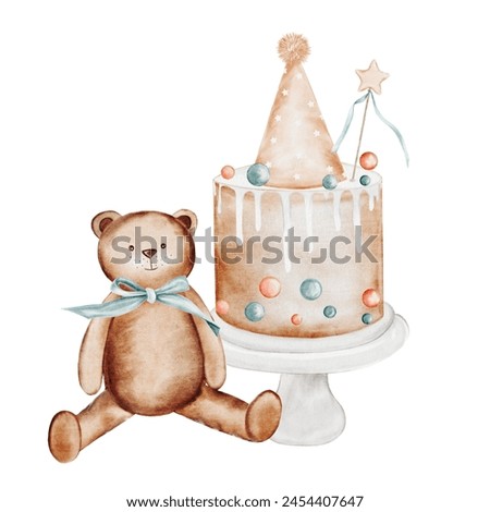 Watercolor birthday drawing. Cute card with cake and teddy bear isolated on white background. Clip art with neutral pastel colors handmade. Ideal for cards and invitations to celebrities and baby