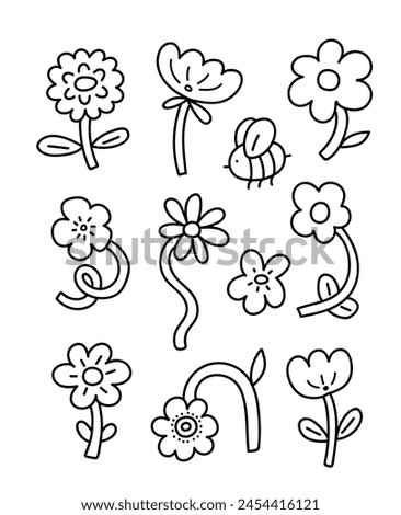 Simple cute flowers in doodle style. Vector hand drawn black line design elements. Botanical hand drawn sketch. Flower clip art for  coloring book