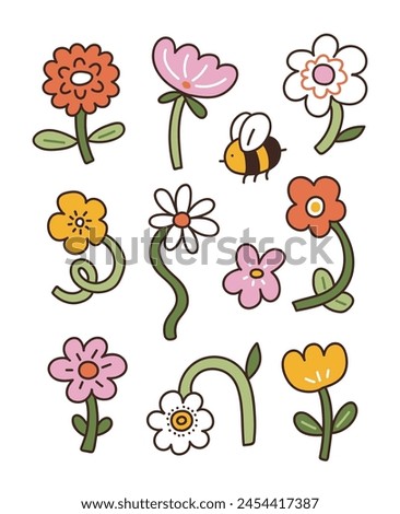 Simple cute isolated flowers in doodle style on white background. Vector floral design elements. Botanical hand drawn sketch. Flower clip art for print design and greeting card.