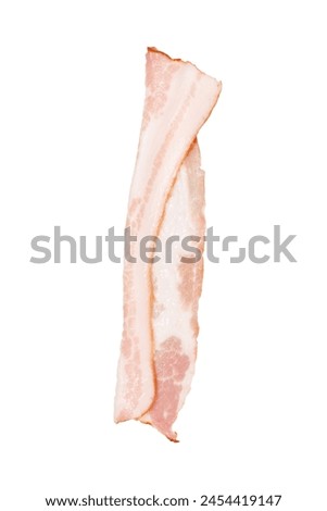 A single slice of bacon on a plain white background. Perfect for food blogs or cooking websites.