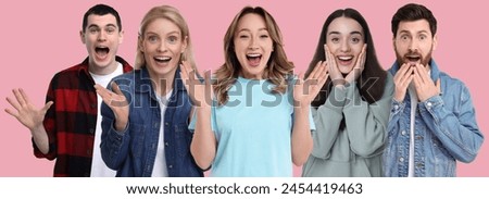 Group of surprised people on pink background, banner design