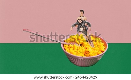 Poster. Contemporary art collage. Two tiny people skating on macaroni in bowl with fork on pink and green background. Concept of food and drink, vegetarian, vitamins, energy, nutrition. Ad