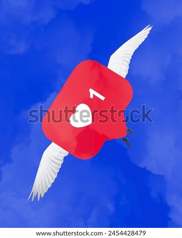 Poster. Contemporary art collage. Sign of likes with white wings flying against vibrant blue background. Trendy magazine style. Concept of social media, modern lifestyle, popularity. Ad