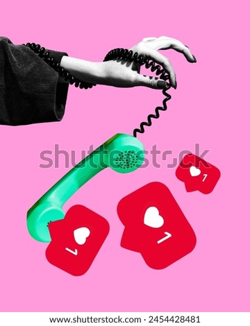 Poster. Contemporary art collage. Hand holding retro headset, phone with floating of it signs of likes against pink background. Concept of social media, modern lifestyle, popularity. Ad
