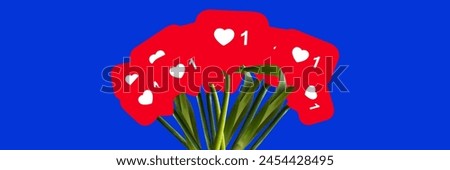 Banner. Contemporary art collage. Surreal image of bunch of flowers with blooming likes notifications against blue background. Concept of social media, modern lifestyle, popularity. Ad