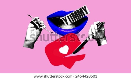 Poster. Contemporary art collage. Artwork featuring lips with YUMMY text, fork, knife, and heart notification bubble. Popularity. Concept of social media, modern lifestyle, blogging, content. Ad