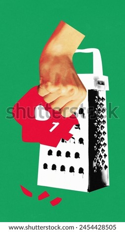 Poster. Contemporary art collage. Hand rubs like sign on food grater against green background. Concept of blogging, social media, modern lifestyle, popularity. Ad