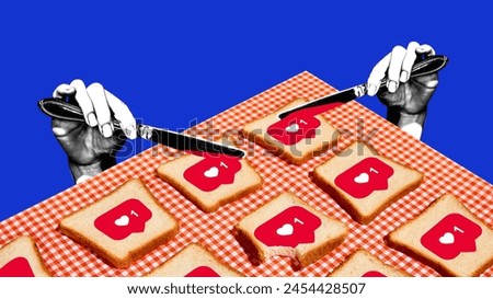Poster. Contemporary art collage. Hands with knife and fork eating toasts with like signs, symbolizing creation and curation of content. Concept of social media, modern lifestyle, popularity. Ad