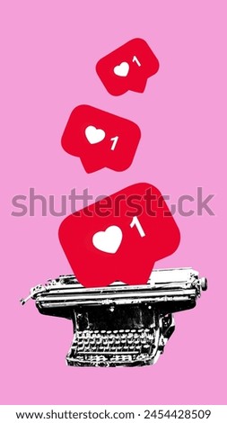 Poster. Contemporary art collage. Vintage typing machine in black and white filter typing signs of likes against pink background. Concept of social media, modern lifestyle, popularity. Ad