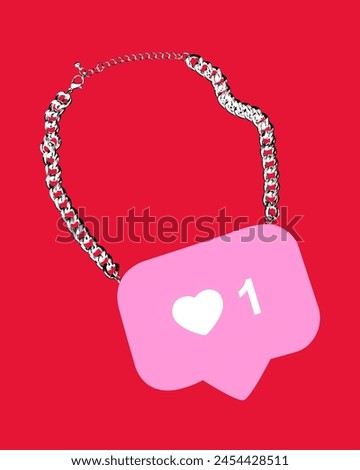 Poster. Contemporary art collage. Silver accessory, necklace with sign of likes against red background symbolizing popularity. Concept of social media, modern lifestyle, popularity. Ad