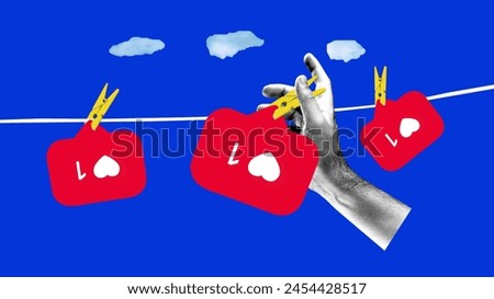 Poster. Contemporary art collage. Hand attaches like signs with clothespins like clothes on rope against vibrant blue background. Concept of social media, modern lifestyle, popularity. Ad