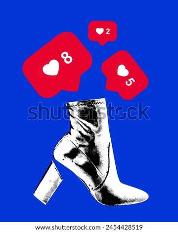 Poster. Contemporary art collage. Shoes with broken heel in black and white filter gets lot of likes against vibrant blue background. Concept of social media, modern lifestyle, popularity. Ad