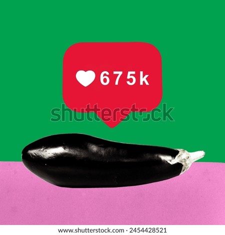 Poster. Contemporary art collage. Fresh eggplant with likes icon lying against green-pink background. Concept of pop art, social media, modern lifestyle, marketing, popularity. Ad