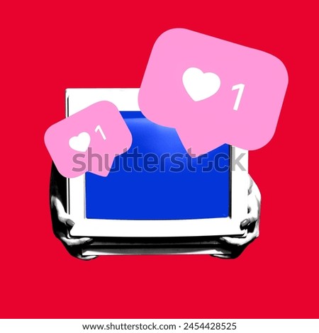 Poster. Contemporary art collage. Hands in black and while filter holds retro computer with blank screen with likes icons against vibrant red background. Concept of social media, popularity. Ad