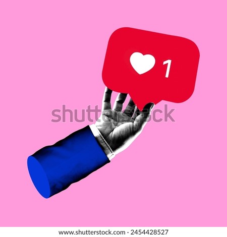 Poster. Contemporary art collage. Hand in black and white filter holding icon with one like sign against pink background. Concept of social media, modern lifestyle, popularity, marketing. Ad