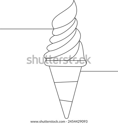 Single continuous one line art ice-cream dessert. Frozen waffle scoop cream cone concept design sketch outline drawing vector.