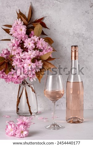 Drink photography of rose wine, wine; pink, wineglass; bottle; vintage, retro, cherry blossom, blooming, flower, spring, summer, winery; drink; background; celebration; romance