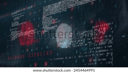 Image of a white fingerprint spinning over data processing. Digital online security computer interface concept digitally generated