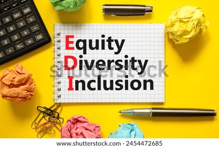 EDI equity diversity inclusion symbol. Concept words EDI equity diversity inclusion on white note. Beautiful yellow background. Business EDI equity diversity inclusion concept. Copy space.