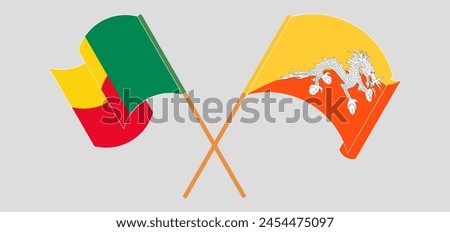 Crossed and waving flags of Benin and Bhutan. Vector illustration
