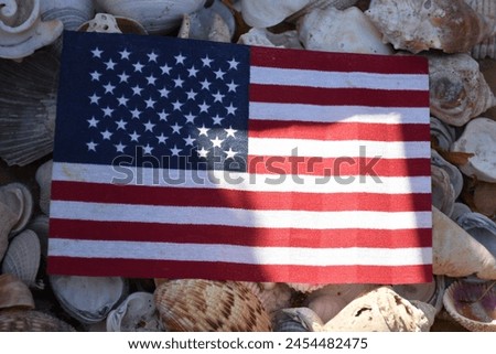 American flag with seashell background