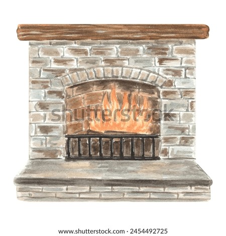 Burning fireplace with brickwork and wood shelf. Hand drawn watercolor illustration in vintage. Cozy home symbol, interior detail. Isolated template for invitation, card, Christmas, New Year, print.