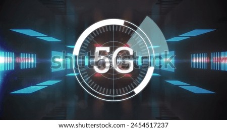 Image of digital interface with 5G network of connections and scope in glowing tunnel. Global technology and network of connections concept digitally generated image.