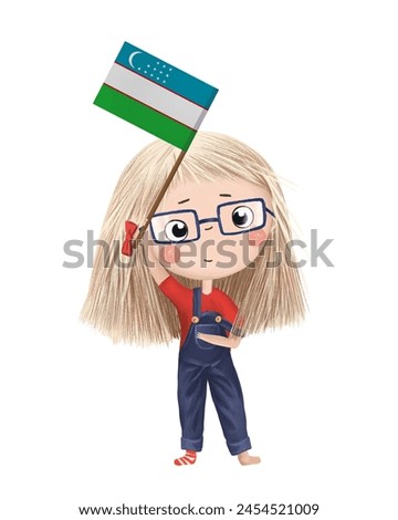 Funny cute girl with flag of Uzbekistan. Bright clip art isolated