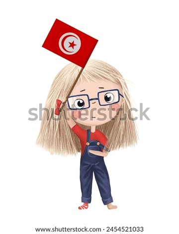 Funny cute girl with flag of Tunisia. Bright clip art isolated