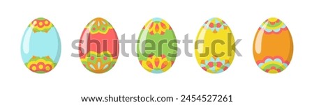 Vector Easter Eggs with floral ornaments. Cartoon eggs with hightligts and shadow on white