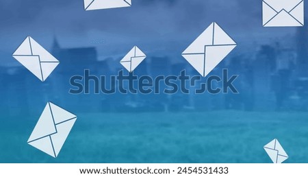 Image of multiple email envelope icons over cityscape. global social media network, connection, communication and technology concept digitally generated vide