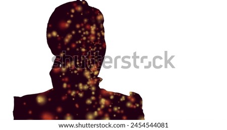 Image of dots in shadow of man talking on wireless headphone over white background. Digitally generated, hologram, illustration, illuminated, communication, silhouette and technology concept.