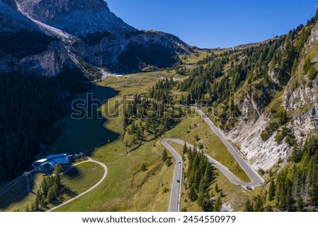 Mountain road, serpentine. Amazing landscape of the Dolomites. Road up the mountain in the Italian Alps.