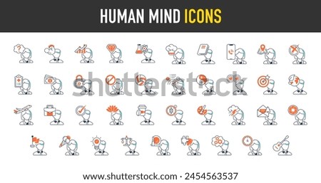 Human mind idea icon set. Such as medical, deny, science, guess, idea, thinking, depression, work, strength, calm, balanced, ban, clean energy, cooking, creative, decision, focus vector illustration 