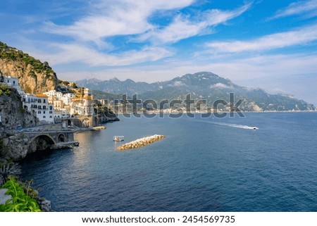 View of the town in Spring, Atrani, Amalfi Coast (Costiera Amalfitana), UNESCO World Heritage Site, Campania, Italy, Europe Royalty-Free Stock Photo #2454569735