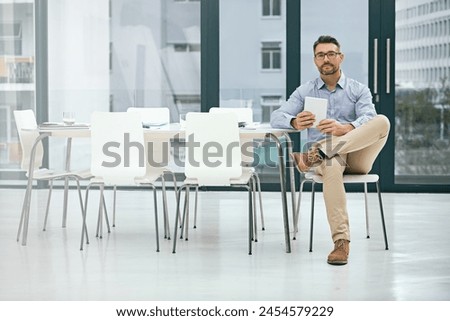 Digital tablet, portrait and businessman in conference room for schedule, planning agenda or checking email. Internet, technology and mature person for networking, project management or professional Royalty-Free Stock Photo #2454579229