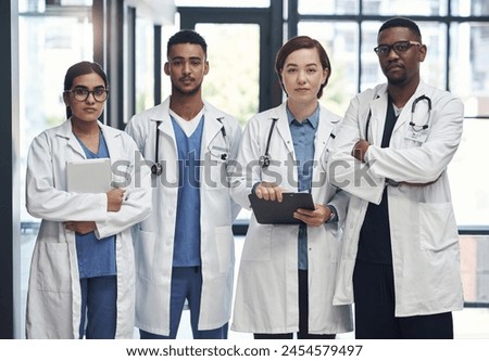 Doctors, teamwork and portrait for confidence in office for health, wellness and healthcare. Nurses, collaboration and group diversity in workplace with documents for medical meeting or solidarity