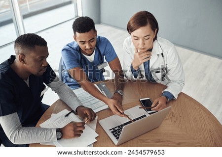 Doctor, teamwork and thinking on laptop for meeting, research ideas and medical results with new software. Healthcare group, people and nurse with online presentation or computer for clinic decision
