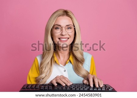 Photo of gorgeous lovely woman server engineer operating optimization software system isolated on pink color background Royalty-Free Stock Photo #2454583901