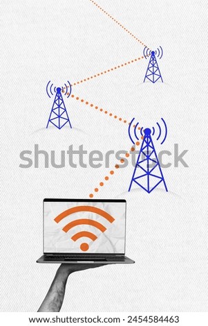 Photo collage artwork minimal picture of arm holding modern device sharing wifi connection isolated graphical background