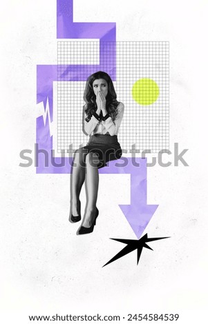 Vertical photo collage of young inexperienced businesswoman panic arrow down failure loss hole bankrupt isolated on painted background Royalty-Free Stock Photo #2454584539