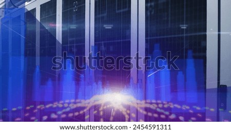 Digital image of glowing spot of light over blue 3D city model against server room. Digital online security computer concept