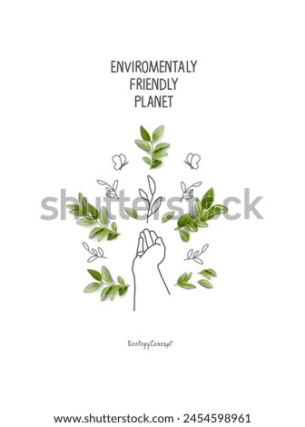 illustration of Environmentally friendly planet concept. Hand drawn cartoon sketch with hand supporting leaf.Nature conservation sign.Think Green. Protect the World Think Green.