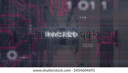 Image of hacked text over computer servers and data processing. Global online security, computing and data processing concept digitally generated image.