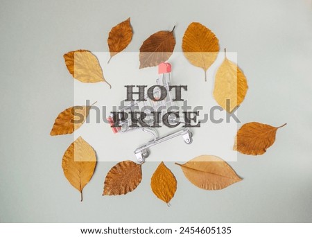 A shopping cart with a sign that says hot price in the middle. The cart is surrounded by leaves, giving the image a fall theme