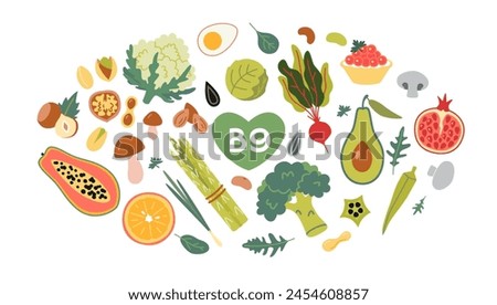Best sources of vitamin B9 foods, cartoon style. Fruits, vegetables and nuts set. Isolated vector illustration, hand drawn, flat design Royalty-Free Stock Photo #2454608857